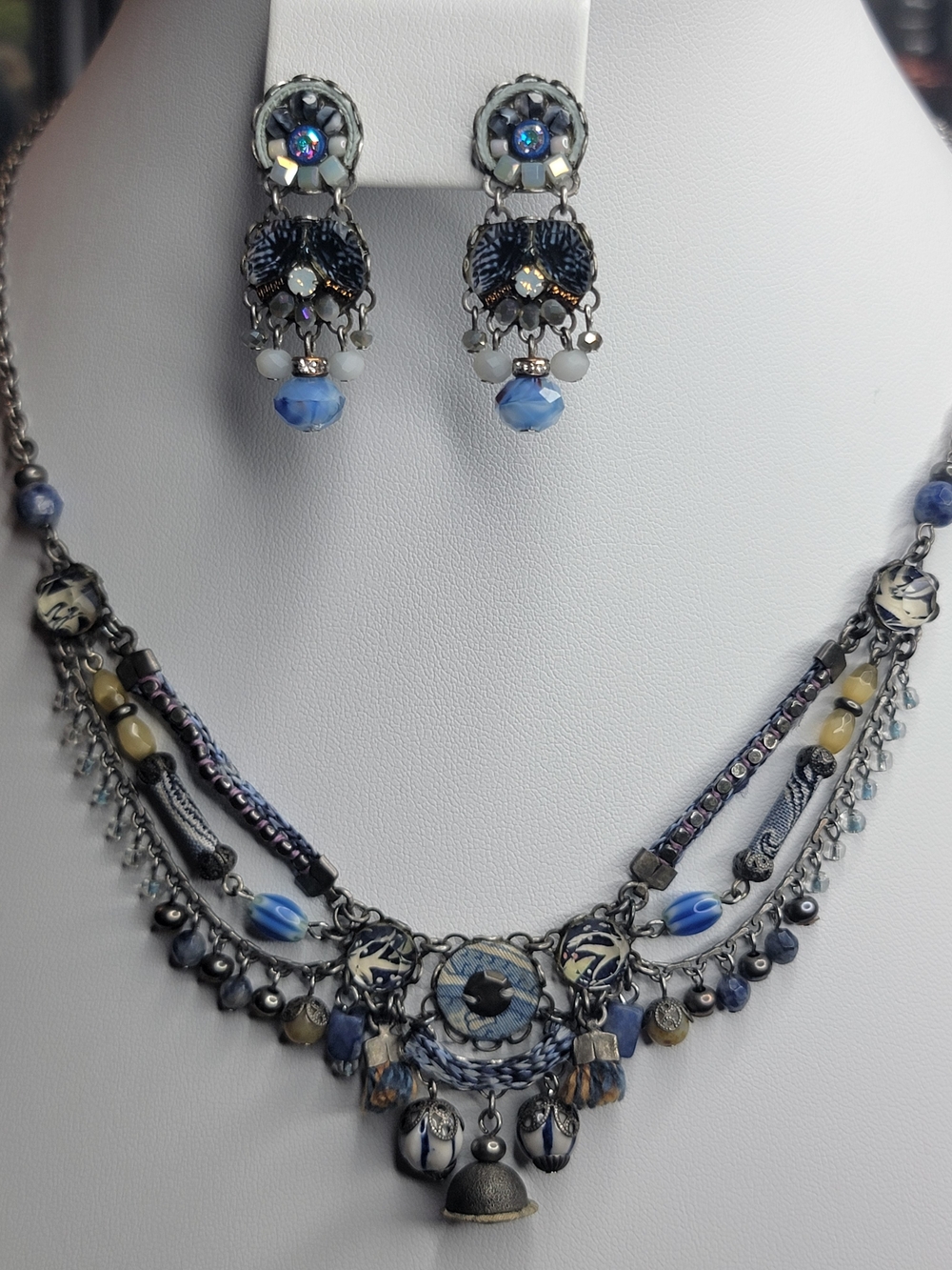 Blue Multitone Beaded Statement Necklace with Matching Earrings